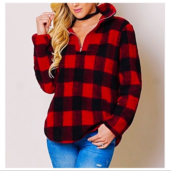 Last One! Buffalo plaid fleece half zip jacket - Picture 2 of 4